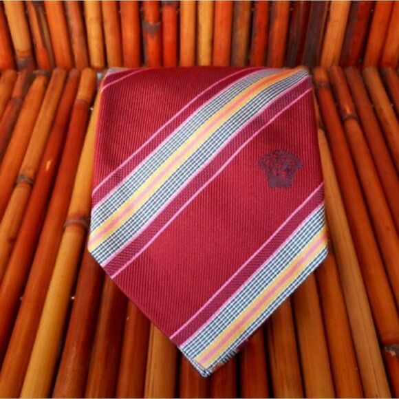 EUC VERSACE Multi-Colored Diagonal Striped 100% Silk with Blue Logo on Front Tie - Picture 11 of 11